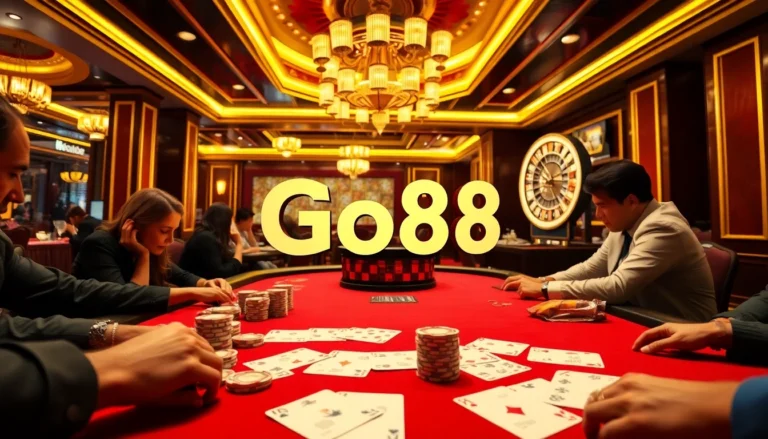 Go8 casino excitement with stacked poker chips and playing cards.
