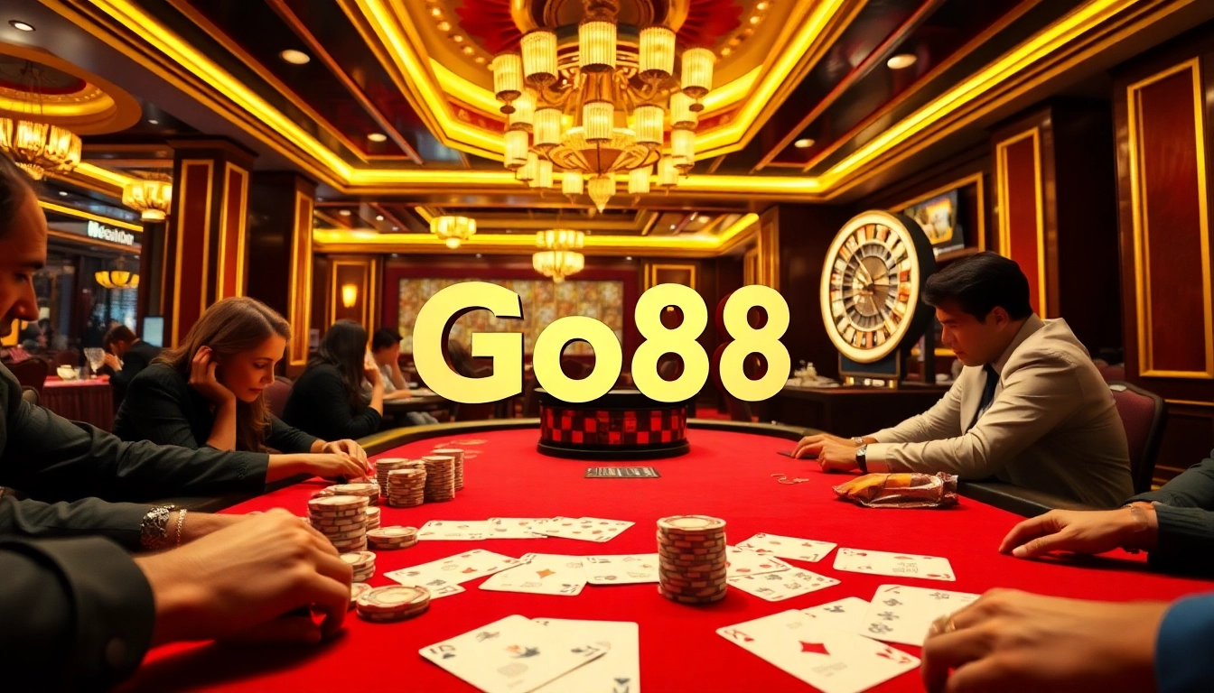 Go8 casino excitement with stacked poker chips and playing cards.