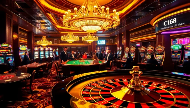 C168-themed luxurious casino scene featuring immersive gambling activities including roulette, poker tables, and slot machines.
