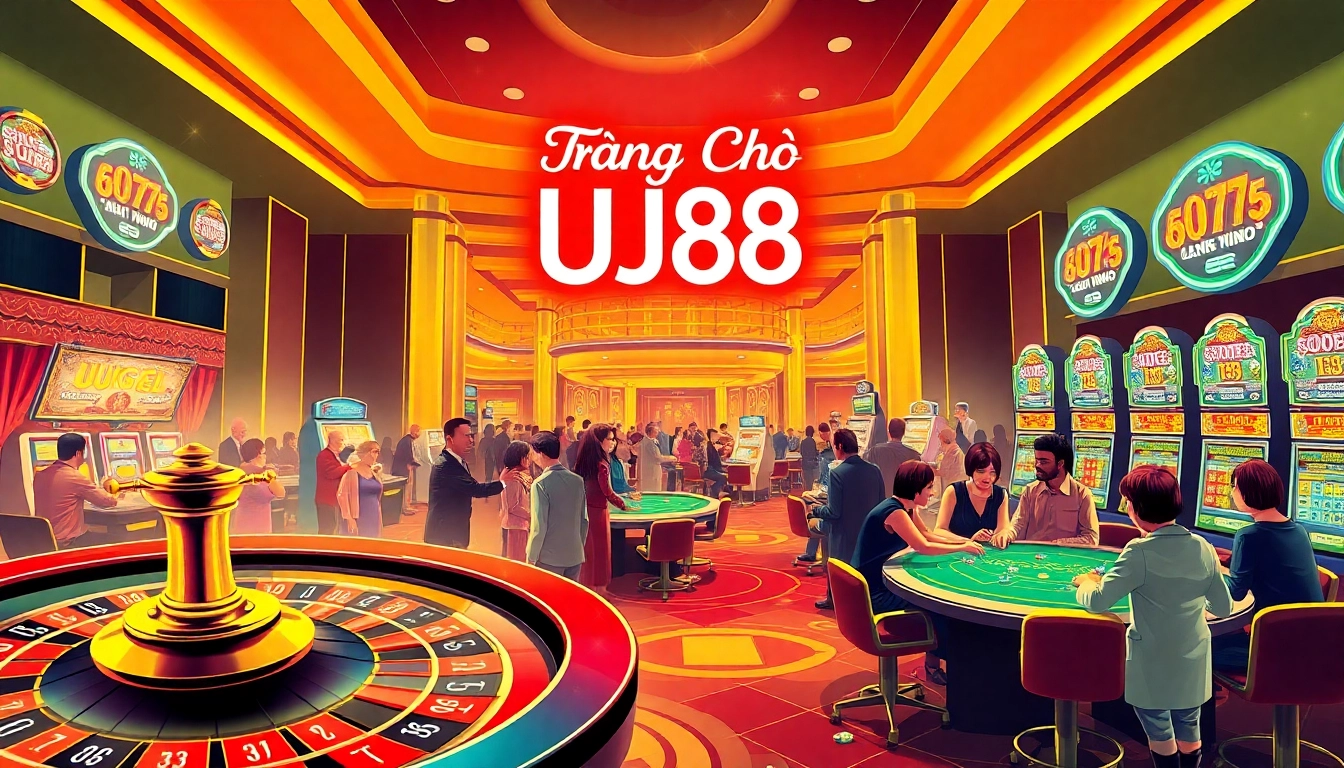 Explore the excitement of Trang Chủ UU88, featuring players at a roulette table and vibrant slot machines in a bustling casino environment.