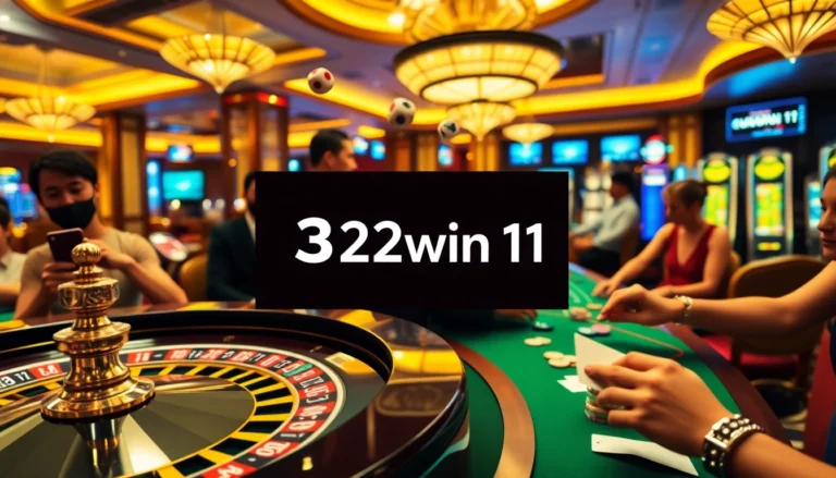 Experience thrilling casino excitement with "32win 11" logo in a vibrant gambling scene, showcasing players at tables.