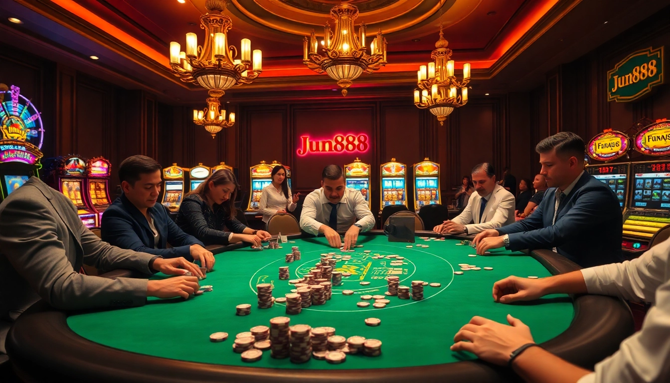 Experience jun888 at a vibrant casino table with players engaged in an intense poker game amid colorful slot machines.