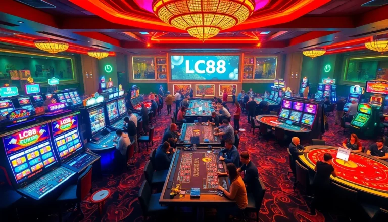 LC88 casino scene showcasing enthusiastic players at poker and slot machines, vibrant atmosphere.